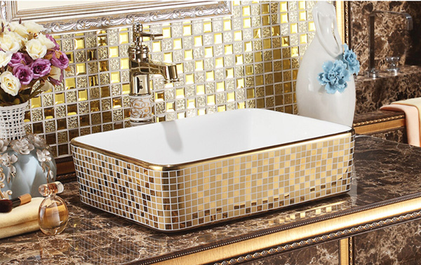 Florence Mosaic Gold Rectangular Ceramic Bathroom Sink